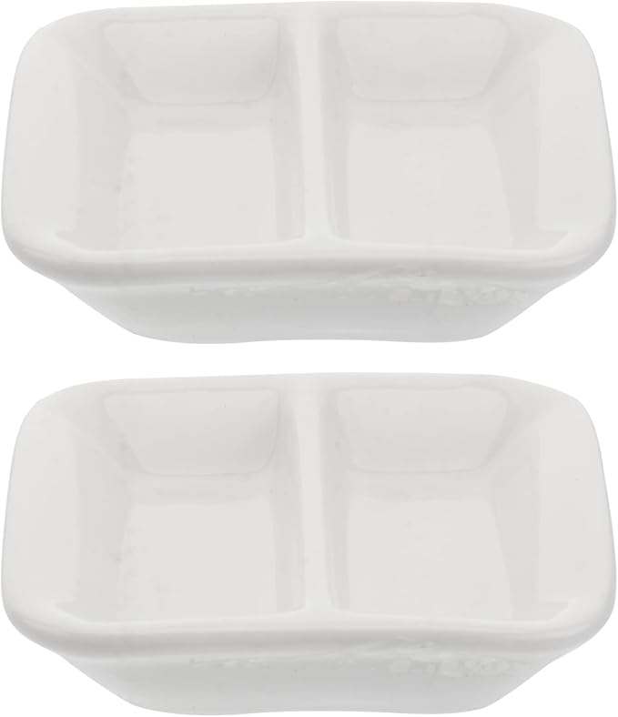 Cabilock 2Pcs 3inch White Ceramic Appetizer Plates, 2-Compartment Serving Platter Tray, Soy Dipping Sauce Dishes, Rectangular Divided Dish for Home Hotel Restaurant Kitchen