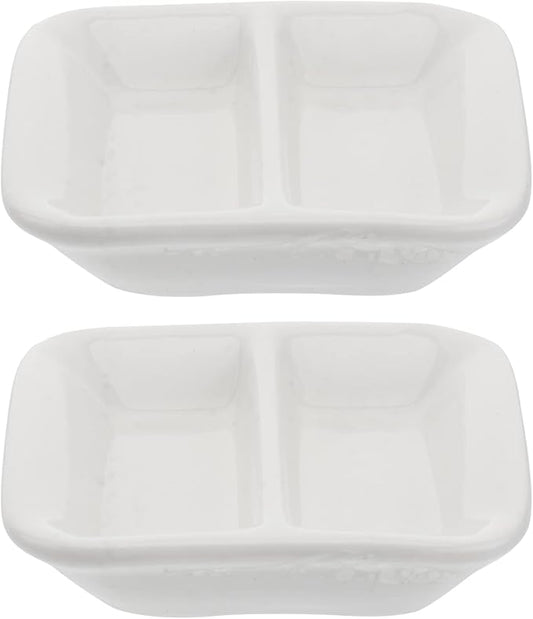 2Pcs 3inch White Ceramic Appetizer Plates, 2-Compartment Serving Platter Tray, Soy Dipping Sauce Dishes, Rectangular Divided Dish for Home Hotel Restaurant Kitchen