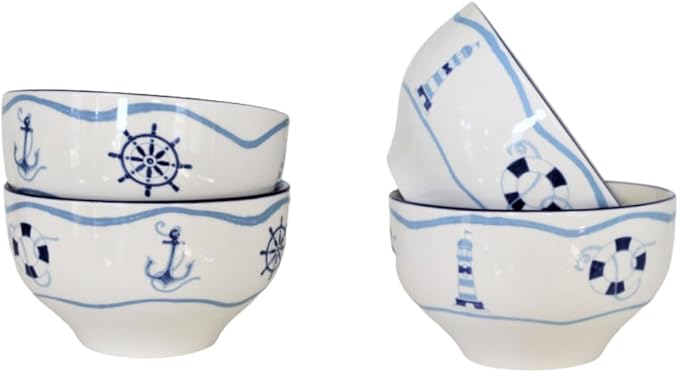 Euro Ceramica Ahoy Collection Nautical 12 Piece Dessert Set | Service for 4 | Assorted Designs, Blue & White,Standard,AHO-86001