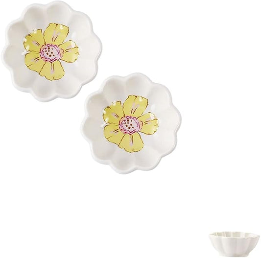 Appetizer Bowls Sauce Dish Flower Shape Ceramic Mini Condiment Dishes Side Dish Appetizer Plates Sushi Soy Dipping Bowls Snack Serving Saucer Set(Set of 2) Salad Bowls (Color : Yellow)