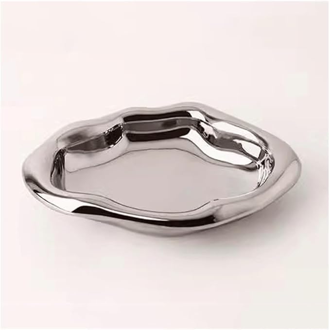 Tray Creative Decorative Tray Ceramic Storage Fruit Snack Afternoon Tea Juice Pastry Home Cup Serving Trays(Silver)