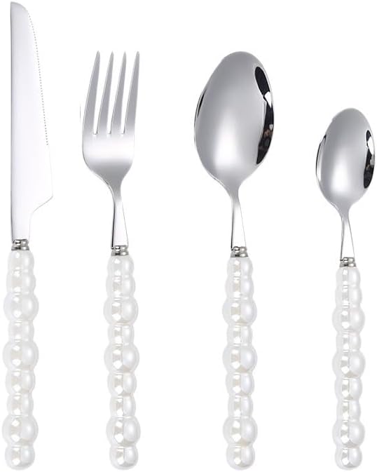 Silverware Flatware Cutlery Set, 4/16/24/32 Pieces 304 Stainless Steel Knives, Forks And Spoons, Creative Pearl Ceramic Handle Tableware, Steak Knives, Forks, Dessert Spoons(White,4Set-16Pcs