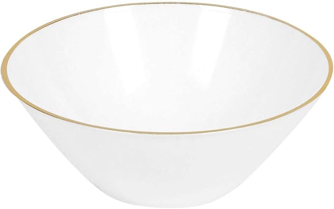 Efavormart 24 Pack | 7oz Glossy White/Gold Rim Heavy Duty Plastic Dessert Bowls, Premium Disposable Ice Cream Party Bowls