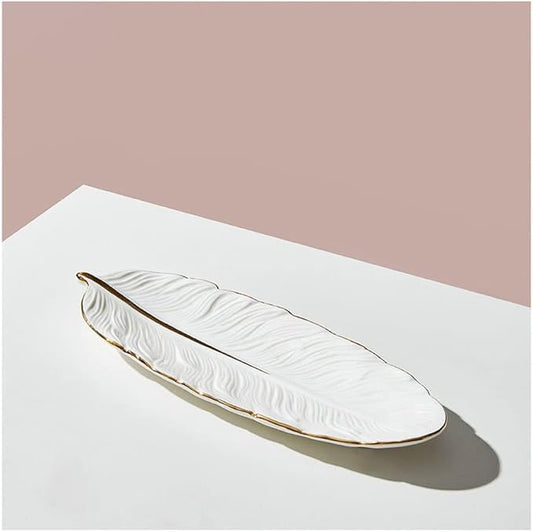 Kitchen Plates Ceramic Dining Plate Feather Shape Plate Suitable for Serving Plate Meat Steak Appetizer Plate Fish Plate 10 Inches Restaurant Plates(White)