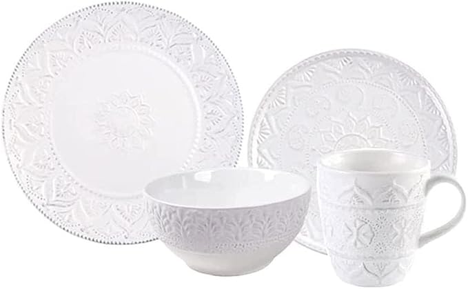☆Ceramic Dinnerware Set, 14 PCS Plates Set, Dishes Set, White Underglaze Dinner Sets - Retro Embossed Dinner Plate Soup Plate with Floral Pattern for Family Party, Service for 4,White, size