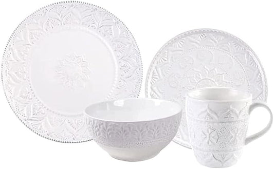 ☆Ceramic Dinnerware Set, 14 PCS Plates Set, Dishes Set, White Underglaze Dinner Sets - Retro Embossed Dinner Plate Soup Plate with Floral Pattern for Family Party, Service for 4,White, size