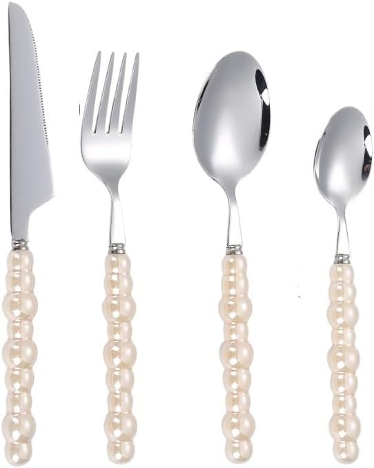 Silverware Flatware Cutlery Set, 4/16/24/32 Pieces 304 Stainless Steel Knives, Forks And Spoons, Creative Pearl Ceramic Handle Tableware, Steak Knives, Forks, Dessert Spoons(Beige,6Set-24Pcs