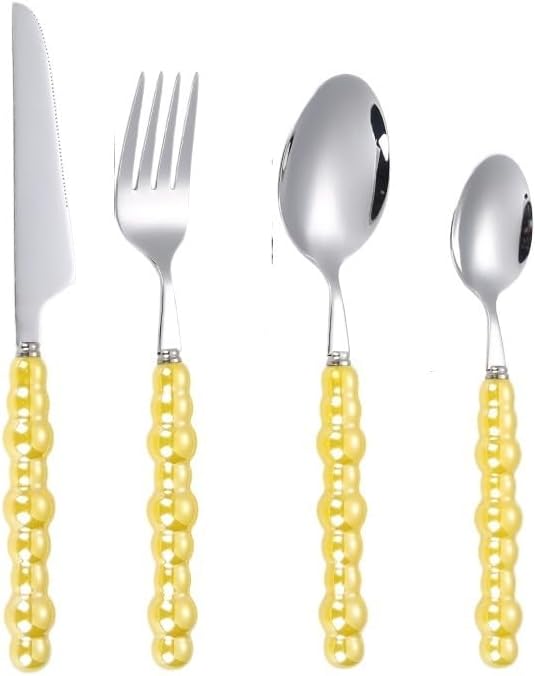Silverware Flatware Cutlery Set, 4/16/24/32 Pieces 304 Stainless Steel Knives, Forks And Spoons, Creative Pearl Ceramic Handle Tableware, Steak Knives, Forks, Dessert Spoons(Yellow,8Set-32Pc