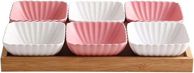 Appetizer Bowls 6 Compartment Divided Ceramic Sauce Dish Dipping Bowls Fruit Dessert Small Dish Appetizer Plates for Soy Sauce Vinegar Sushi Kethup BBQ Sauces(with Tray) Salad Bowls ( Color : White+Pi