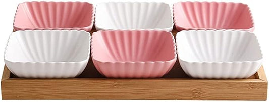 Appetizer Bowls 6 Compartment Divided Ceramic Sauce Dish Dipping Bowls Fruit Dessert Small Dish Appetizer Plates for Soy Sauce Vinegar Sushi Kethup BBQ Sauces(with Tray) Salad Bowls ( Color : White+Pi