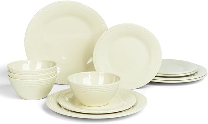 Cream Melamine Dinnerware Sets of 12 Pcs, BPA Free Dishes Set, Plates and Bowls Sets for Indoor Outdoor Dining on the Beach, RV, Camping Use,Lightweight Unbreakable Dishwasher Safe