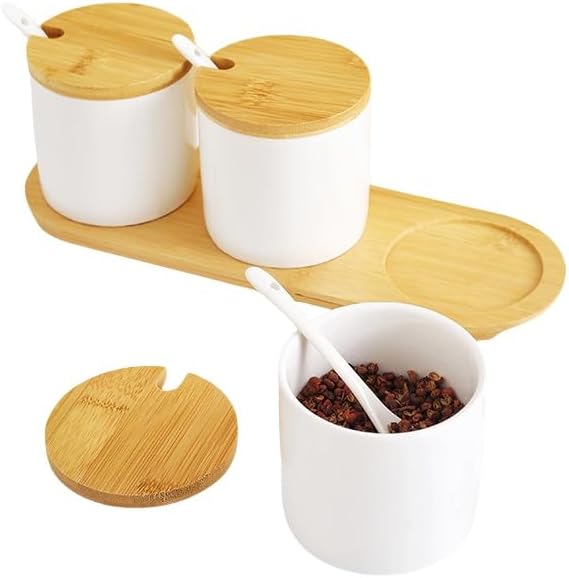 300ml White Ceramic Sugar Bowl Salt Bowl,Porcelain Condiment Jar Spice Container with Bamboo Lids Spoon,Spice Jar Seasoning Condiment Pot Honey Jar for Home Kitchen