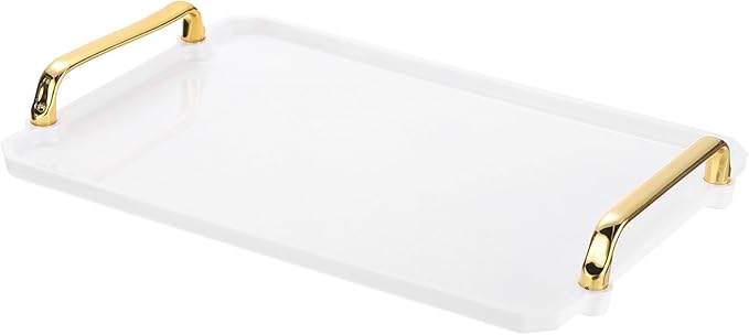 PATIKIL 12 x 8.6 Inches Plastic Serving Tray with Golden Handles, Reusable Tray Rectangular Party Platters for Dessert Coffee Tea Table, Living Room Kitchen Countertop, White