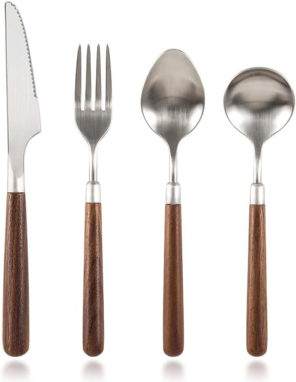 Stainless Steel Flatware serving set,Home Kitchen Eating Tableware Set,Dishwasher Safe,For Home Kitchen Restaurant Hote 4/16/24 Pieces 304 Stainless Steel Wooden Handle Spoons For Home Use For Eating