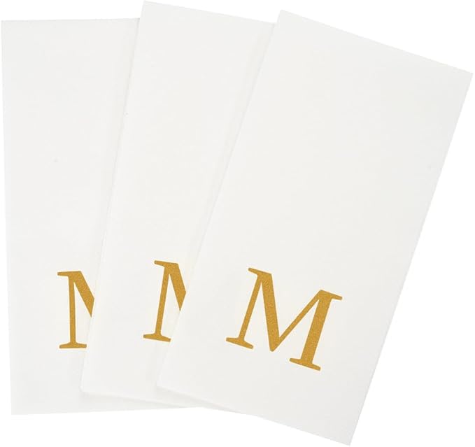 Restaurantware Napkins Pack of 300 Gold Letter M Linen-Feel Paper Disposable Guest Towels 15.75 x 7.87 Inches, Elegant Airlaid White Napkins For Birthdays, Weddings and Catering Events