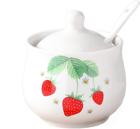 Ceramic Strawberry Sugar Bowl Storage Jar with Lid and Spoon,1pcs