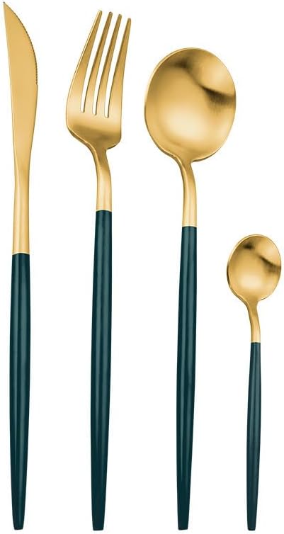Silverware Flatware Cutlery Set, 4/16/24/32/40/48 Pieces Pink Gold 304 Stainless Steel Tableware Portuguese Cutlery Set Hotel Household Stainless Steel Tableware(Color:Green Gold,Size:1Set-4