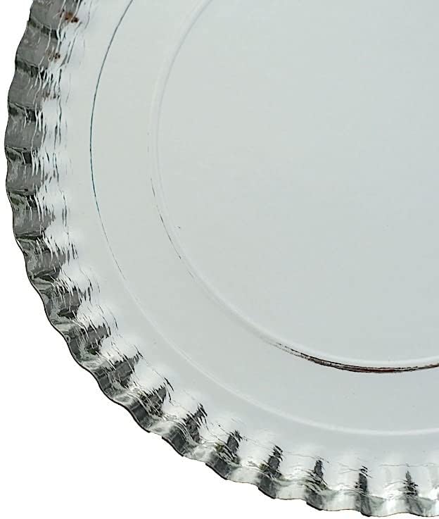 10 Silver 13 in Round Paper Serving Trays with Scalloped Rim Design - Disposable Wedding Party Tableware Supplies