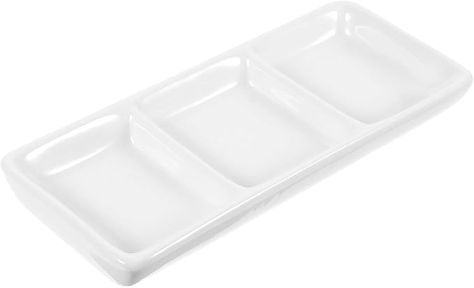 BESTONZON White Ceramic Serving Platter 3 Compartment Appetizer Serving Tray Rectangular Divided Sauce Dishes for Home Hotel Restaurant Kitchen Spices Vinegar Nuts(15cm x 6.5cm/White)