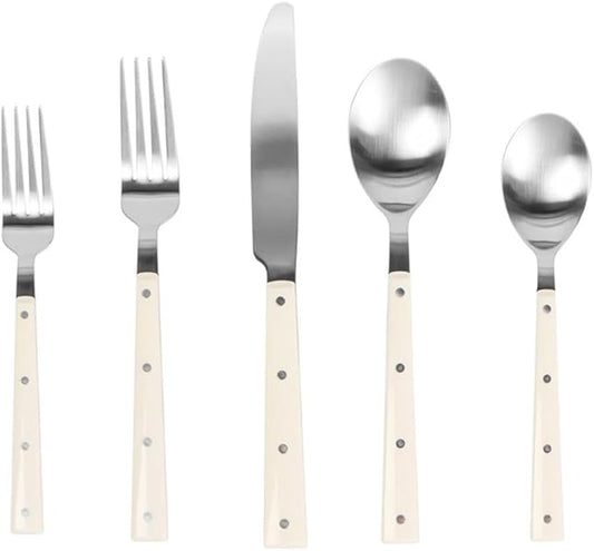 Pemberly Row 5-Piece Flatware Set, Cream and Brushed Stainless Steel, Modern Design, Dishwasher Safe, Includes 2 Forks, 2 Spoons, 1 Knife, Elegant Everyday Dining Utensils for Kitchen or Dining Use