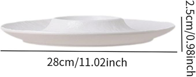 Ceramic Divided Snack Plate Dumpling Plate, Multipurpose Serving Platter with Sauce Holder for Party, Appetizer Fried Chicken, White