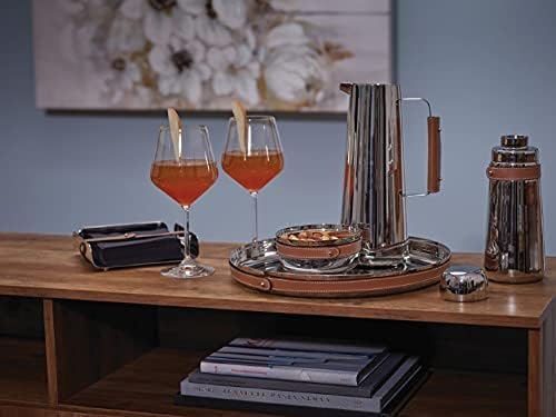 Nambe Tahoe Bar Tray | Stainless Steel Organizing Tray with Raised Edges and Leather Accent | Decorative Round Metal Serving Tray | 13in Removable Leather Accent