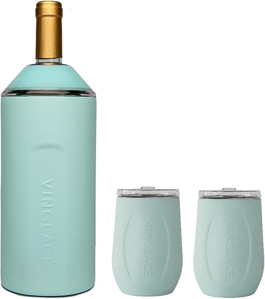 Vinglacé Wine Bottle Chiller Gift Set- Portable Stainless Steel Wine Cooler with 2 Stemless Wine Glasses, Sea Glass