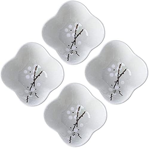 Ceramic Flower Shaped Sauce Dish Sushi Dipping Bowl Appetizer Plates Porcelain Serving Dish Seasoning Dishes,Plum blossom Set of 4 (Light-White-Flower)