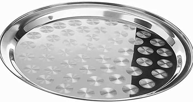 10” Stainless Steel Round Serving Tray with Swirl Pattern – Polished Display Tray with Narrow Rim for Catering, Events & Restaurants