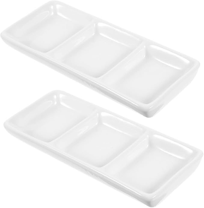 2-piece Snack Plate Set Divided Sauce Bowl Appetizer Serving Tray Ceramic Dishes White for Versatile Use