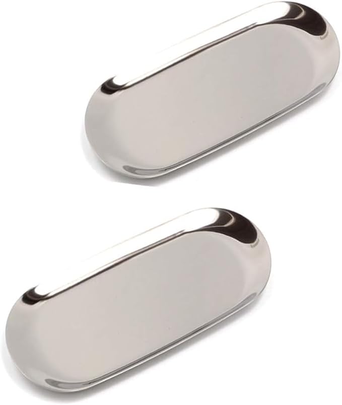 Pack of 4 Stainless Steel Storage Trays, 7.1 x 3.3 Inch Premium Oval Metal Organizer Plates for Fruit, Tea, Cosmetics, Jewelry, Towel Trays for Vanity, Bathroom, Kitchen & Closet (Silver Finish)
