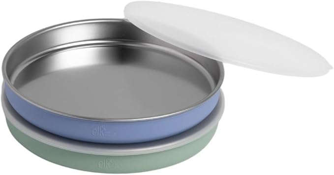 Elk and Friends 7.8” Stainless Steel Non Divided Plates with Silicone Sleeve + Storage Lid | Baby, Toddler, Kids | Dishwasher Safe | Dinner & Snack Plates | 2 Pack
