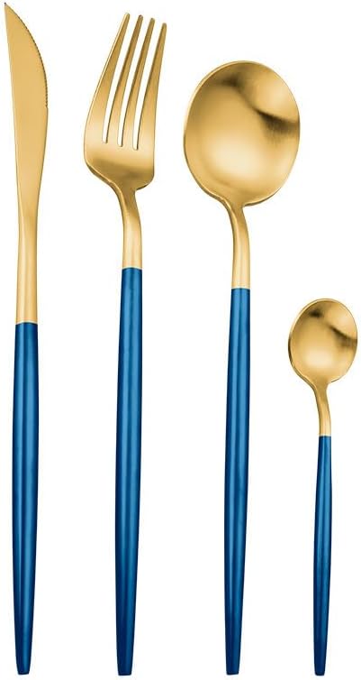 Silverware Flatware Cutlery Set, 4/16/24/32/40/48 Pieces Pink Gold 304 Stainless Steel Tableware Portuguese Cutlery Set Hotel Household Stainless Steel Tableware(Color:Blue Gold,Size:10Set-4