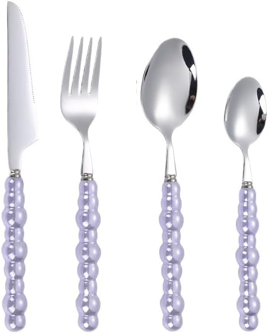 Silverware Flatware Cutlery Set, 4/16/24/32 Pieces 304 Stainless Steel Knives, Forks And Spoons, Creative Pearl Ceramic Handle Tableware, Steak Knives, Forks, Dessert Spoons(Purple,4Set-16Pc