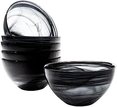 Vikko Soup Bowl, Set of 6 Black Alabaster Bowls, 6" Bowl with Marbelized, Swirl Design, Large 32 Ounce Capacity, Dishwasher Safe