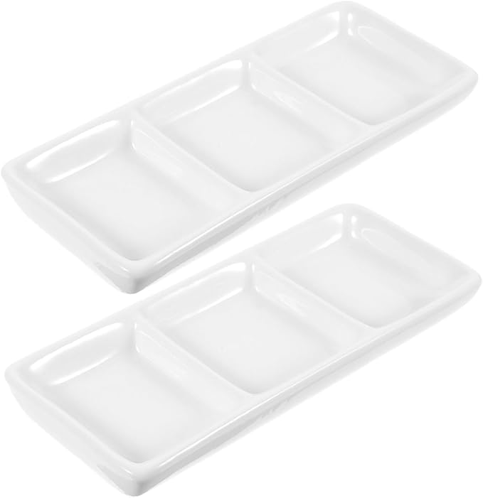 Ciieeo 2pcs Ceramic Divided Sauce Dish Compartment Snack Platter Minimalist Appetizer Serving Tray for Dips Sauces and Condiments White Design