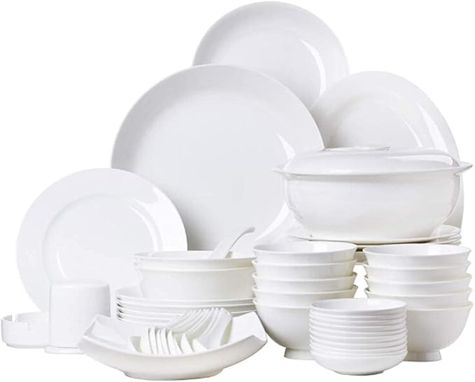 Ceramics Dinner Sets, Plates/Bowls/Soup Pot 56 Pieces Dinnerware Set White, Microwave Tableware Safe - for Family Party Kitchen Restaurant