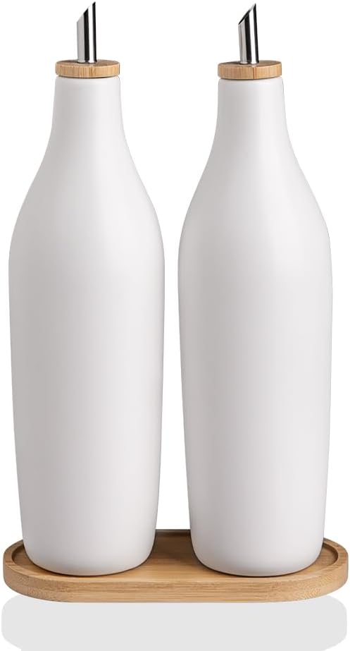 Sweejar Matte Ceramic Olive Oil Dispenser Bottles with Bamboo Tray, 17 Oz Oil Dispenser Set for Kitchen Counter, Opaque Oil Cruet for Cooking, EVOO, Vinegar, Avocado Oil, Pack of 2 (White & Tray)
