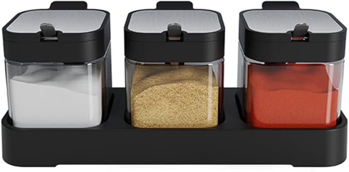 Glass Condiment Spice Jars,5.6Oz/255 ml Condiment Jar Spice Container with Lids and Spoons and Tray,Clear Glass Condiment Canisters Pots for Salt Pepper,Seasoning Box 3 Set for Kitchen Counter