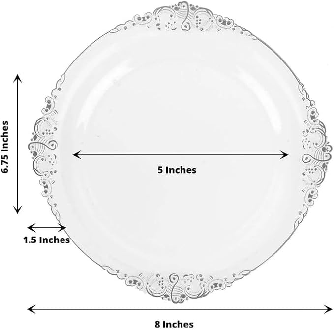 8" Salad Plates -Set of 10 - Plastic Clear Silver Round Baroque Disposable Dessert Appetizer Plate Leaf Embossed Rim, Ideal for Dinner Party Wedding Bulk Events