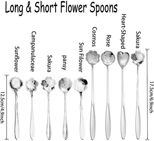Flower Spoon Coffee Teaspoon Set, PBIEHSR Stainless Steel Two Different Lengths Spoon for Tea Party Decorations(Silver)