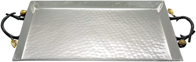 Yair Emanuel Decorative Serving Tray - Hammered Stainless Steel with Gold Accent Decoration (Large -7.9" X 12.6")
