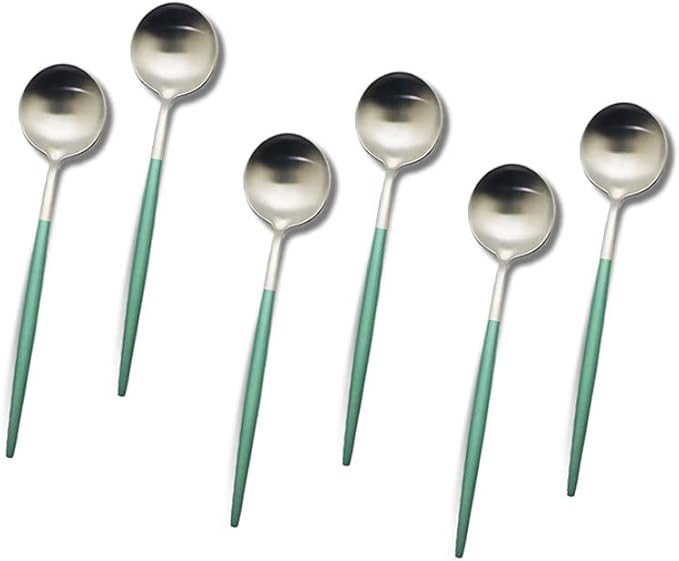 JASHII 6pcs Green&Silver Teaspoons Set, Matte 304 Stainless Steel Mixing, Sugar, Stir Coffee Spoons, Modern Design, Dishwasher Safe - 4.9-inch