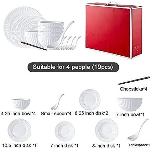 Porcelain Dinnerware Sets Plates and Bowls Sets 19 Pcs Dinnerware Sets, Porcelain Tableware Set with Plates and Bowls, White Ceramic Dinner Set, Microwave and Dishwasher Safe