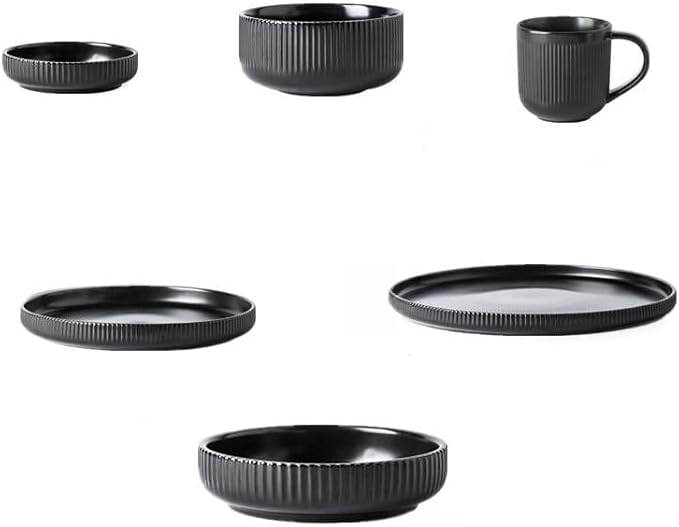 Ceramic Tableware Nordic Ceramic Tableware Matte Glazed Style Dishes Sets Salad Soup Bowl Flat Plate Dinnerware Dinner Set,Black 2 Person Set