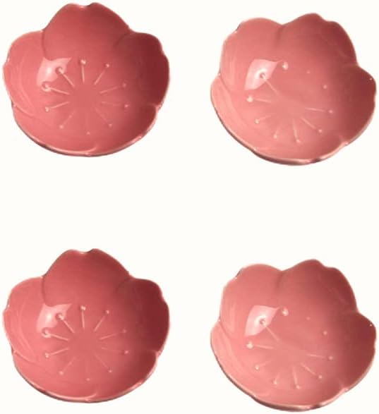 Sakura Flower Dessert Salad Snack Fruit Plates Ceramic Seasoning Dishes Small Sauce Dipping Bowls Appetizer Plates for Kitchen Home (Set of 4, Pink)