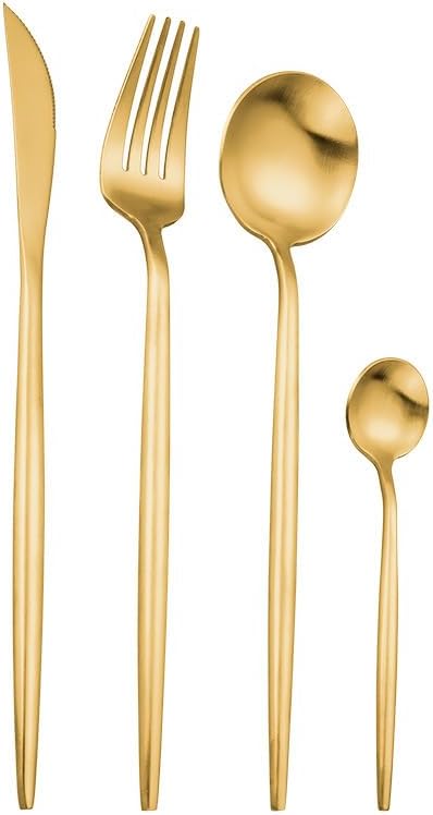 Silverware Flatware Cutlery Set, 4/16/24/32/40/48 Pieces Pink Gold 304 Stainless Steel Tableware Portuguese Cutlery Set Hotel Household Stainless Steel Tableware(Color:Gold,Size:6Set-24Pcs)