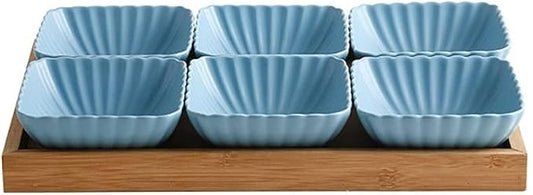 Sauce Dish 6 Compartment Divided Ceramic Sauce Dish Dipping Bowls Fruit Dessert Small Dish Appetizer Plates for Soy Sauce Vinegar Sushi Kethup BBQ Sauces(with Tray) Dipping Bowls (E)