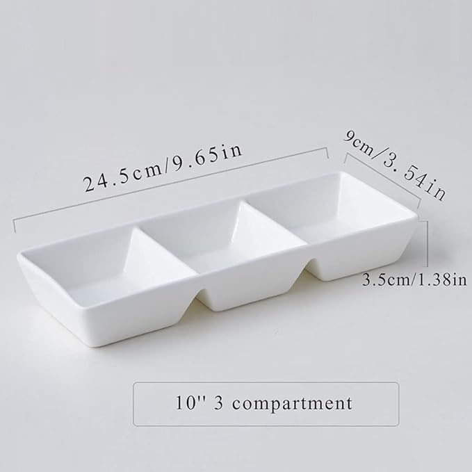 Sauce Dish White Ceramic Soy Sauce Dish 3 Compartment Appetizer Plate Tray Divided Dipping Sauce Dishes for Sushi Ketchup Appetizer Serving (White 9.65×3.54×1.38in)