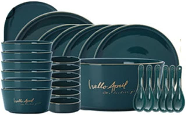 Nordic Dark Green Dinnerware Set Creative European Ceramic Tableware with Bowl Plate Service for 6 (Color : Green white, Size : 26pcs)